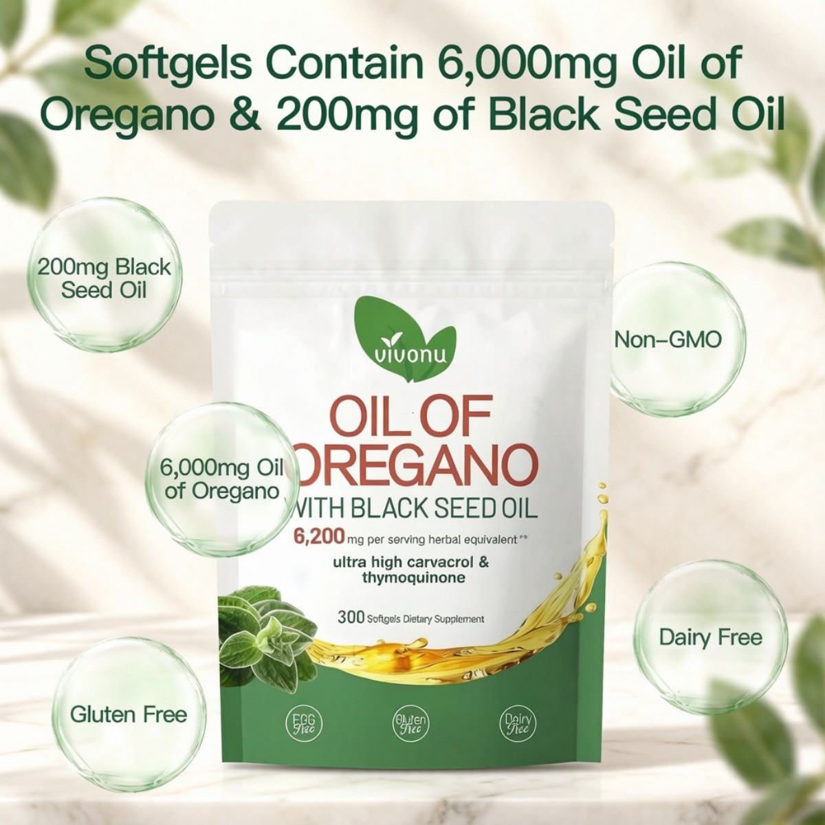 VivoNu Oregano & Black Seed Oil Complex High Absorption Herbal Immune Softgels
