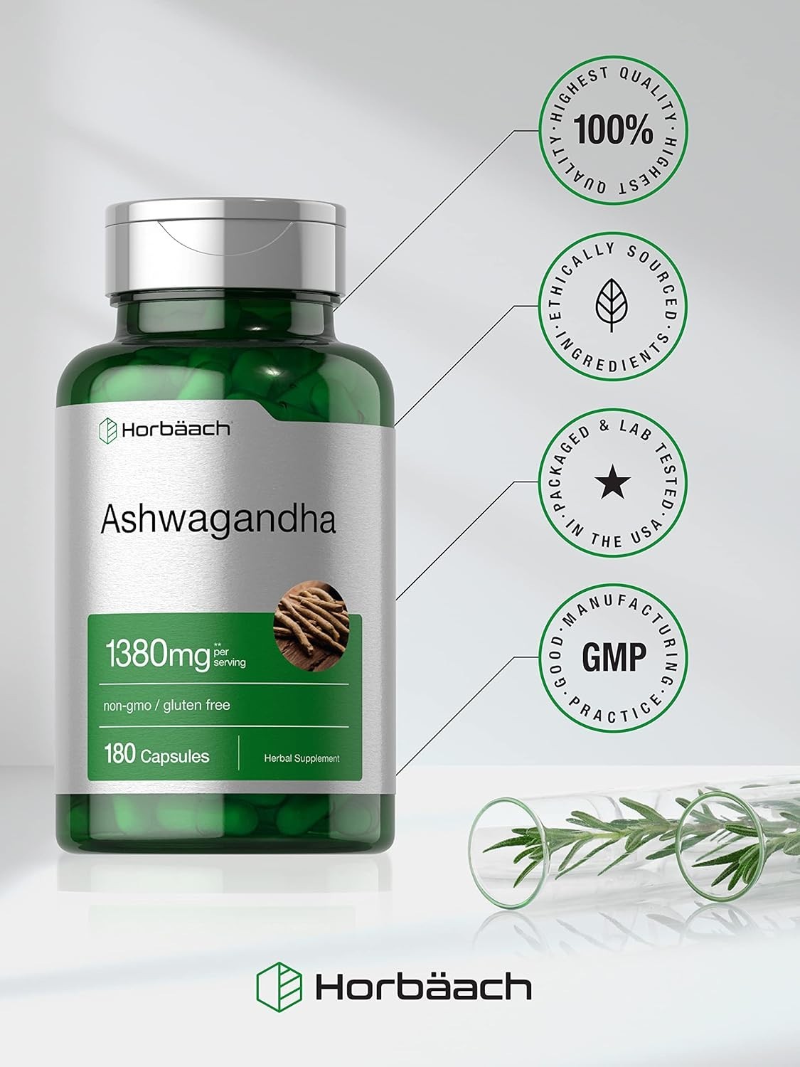 Horbäach Ashwagandha Supplement | 180 Capsules | for Women and Men | Herbal Root