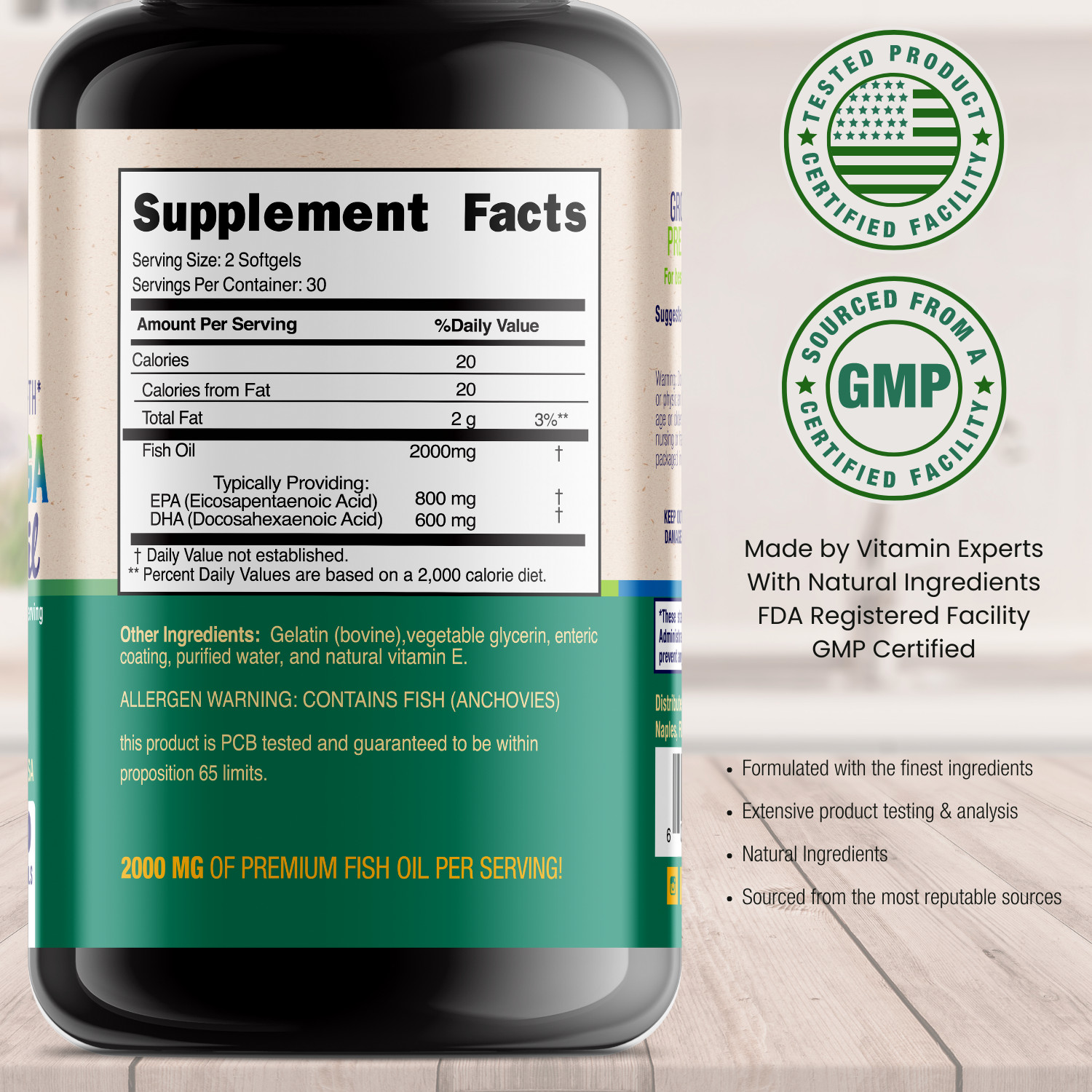 Natural OMEGA 3 FISH OIL. OMEGAWELL – 2000mg HIGHEST POTENCY MADE IN US, NON-GMO