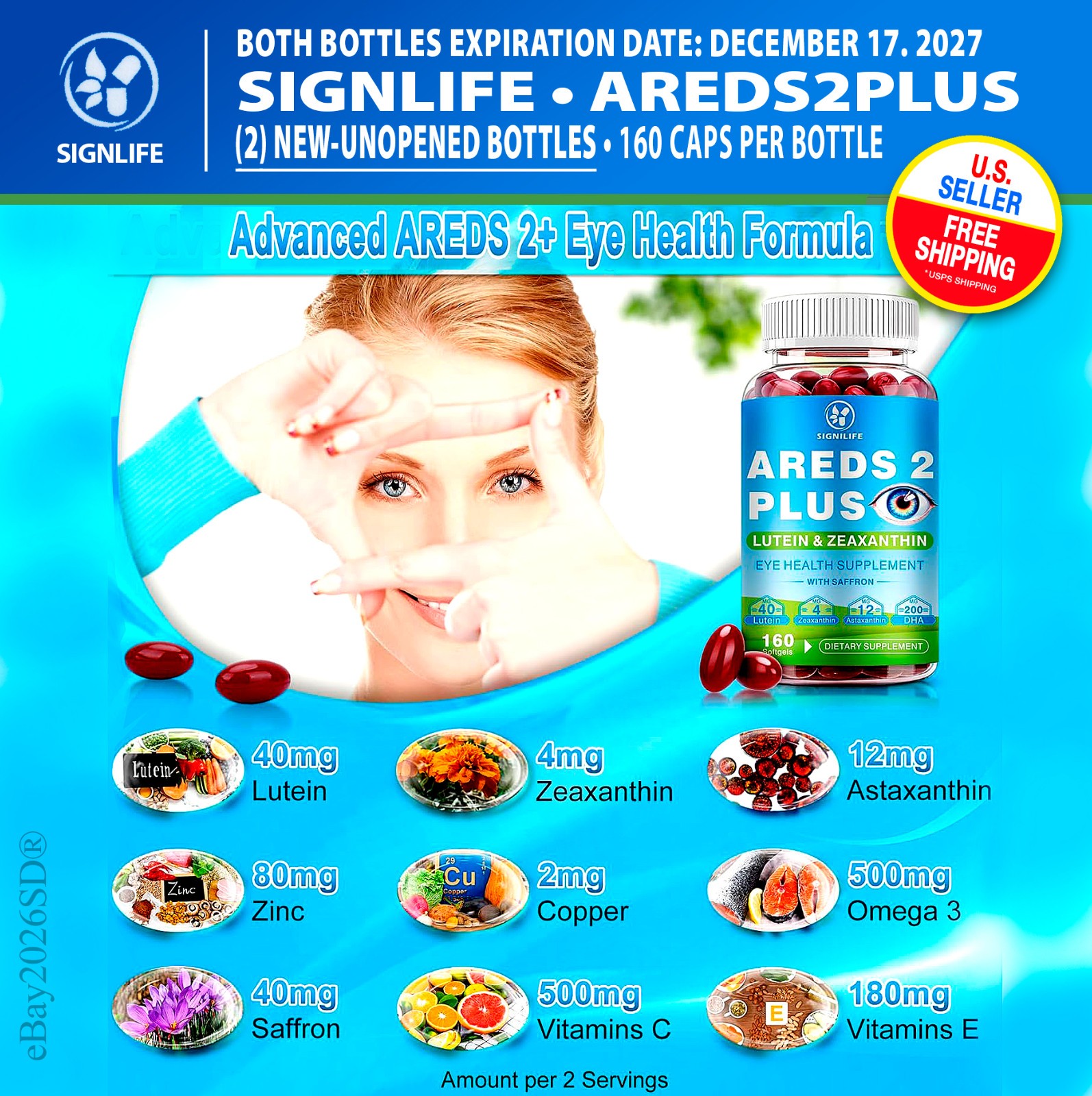 (2) Bottles • AREDS 2 Plus Eye Vitamins • w/Lutein, Zeaxanthin and Astaxanthin