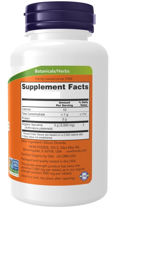 NOW FOODS Organic Spirulina 1000mg Double Strength 240 Tablets Non-GMO/Kosher