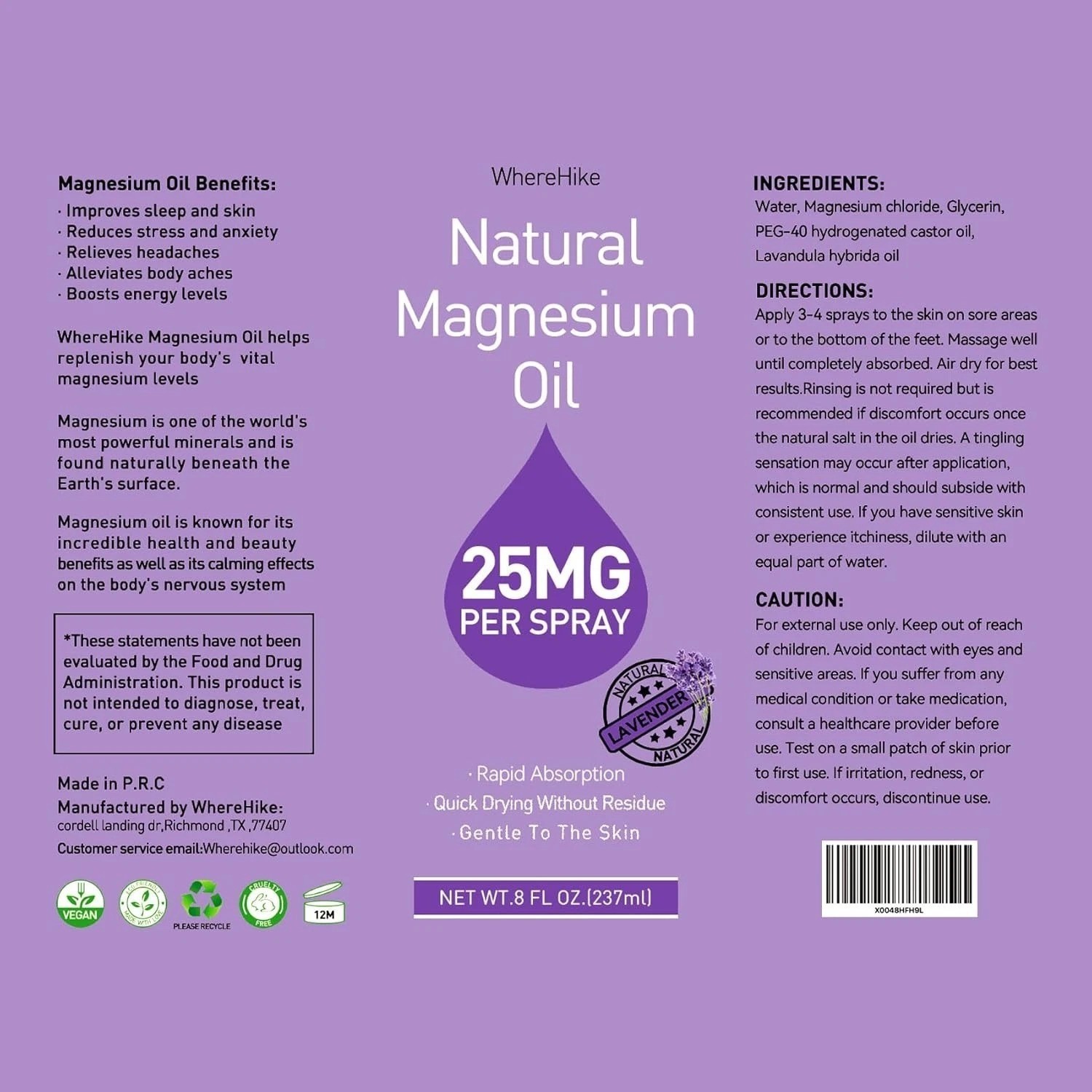 Magnesium Oil Spray – For Feet, Sleep & Muscle Relief, Vanilla/Lavender/Natural.