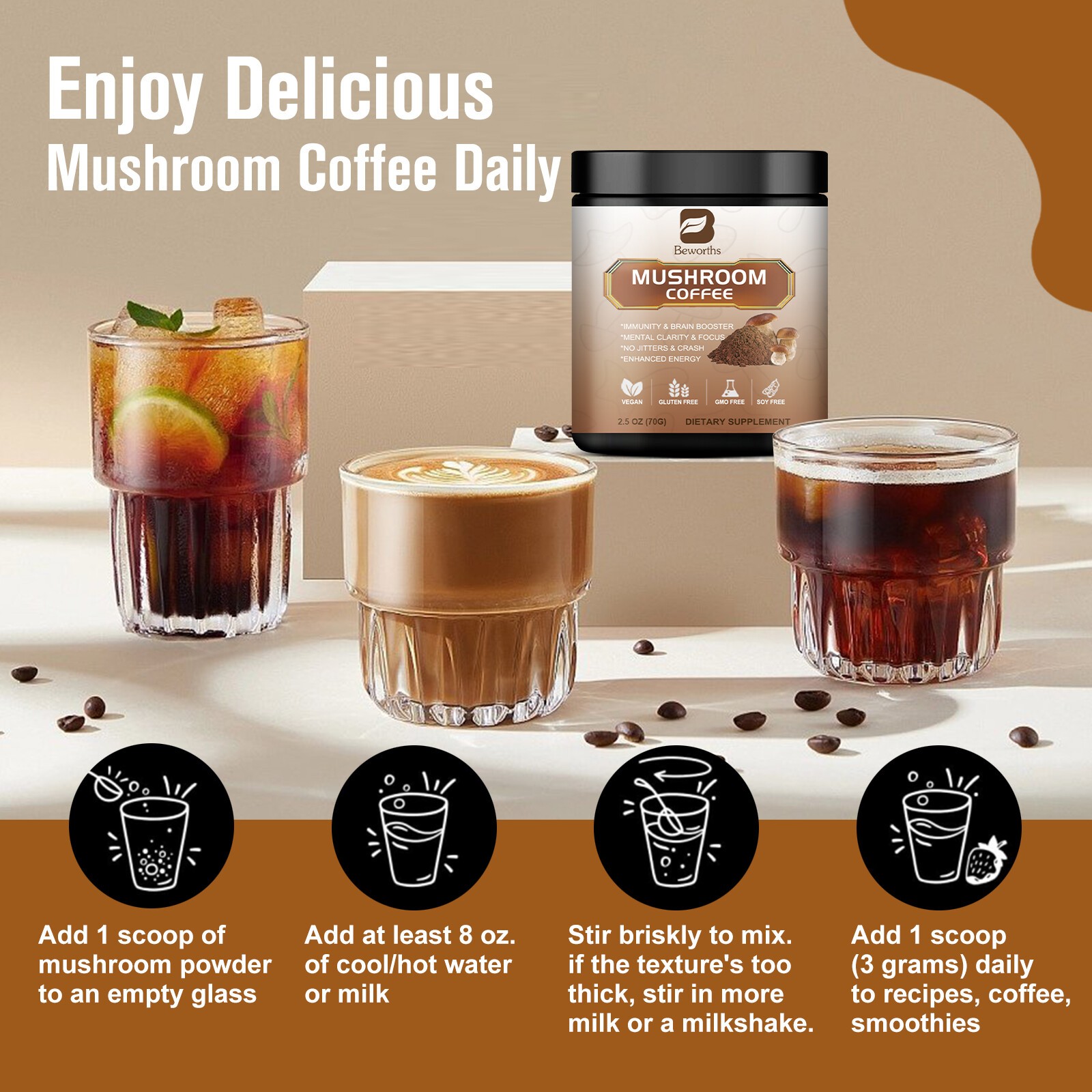 210g Mushroom Coffee Instant Mushroom Coffee Powder Brain & Immune Boost