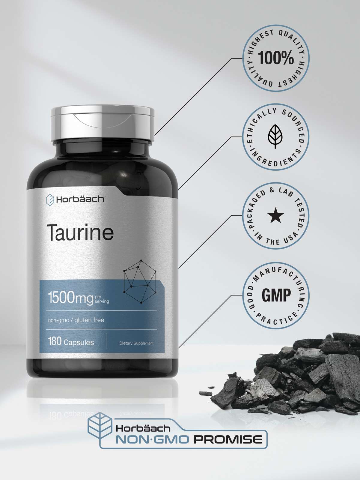 Taurine 1500mg Capsules | 180 Count | Non-GMO and Gluten Free | by Horbaach