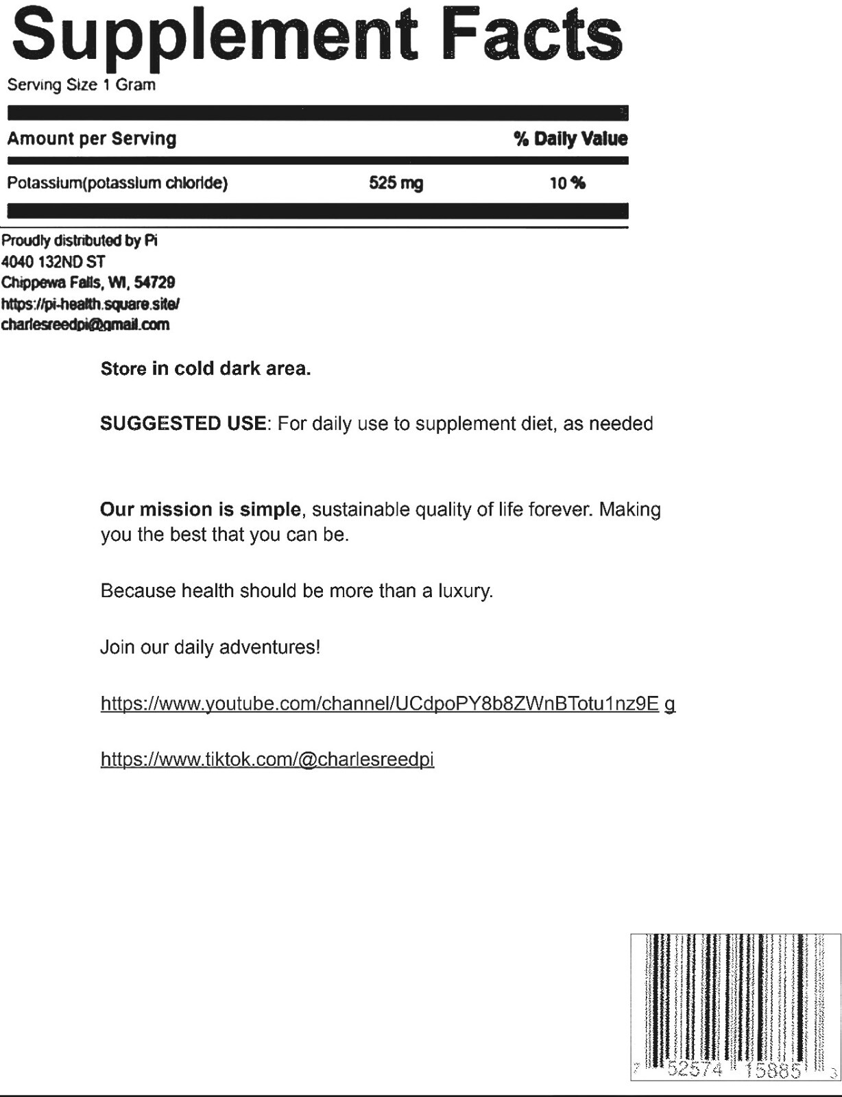 Potassium Chloride Powder supplement (8oz- 2 lb)Pi