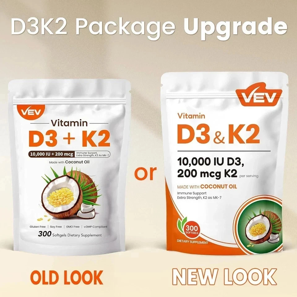 VEV Vitamin D3 Con K2 10000 IU, 300 Virgin Coconut Oil Softgels, 2 in 1 Vitamins
