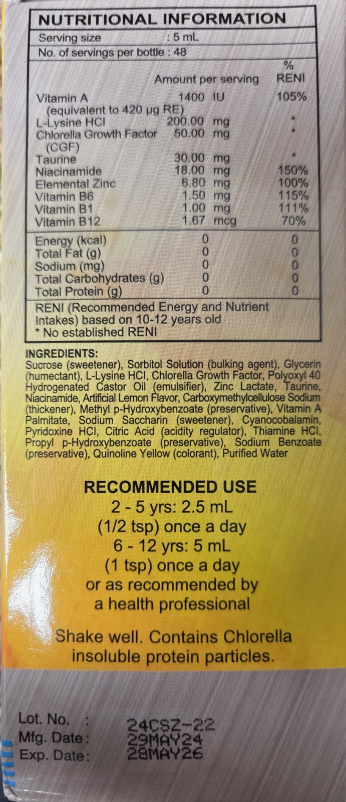 CHERIFER Forte Syrup 240mL Taurine & CGF + Zinc, Lemon Flavor