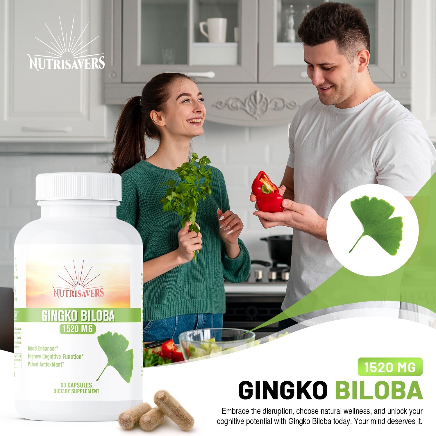 Ginkgo Biloba, Mood Booster, Supports Brain Function – 60 Cap, Pack of 3