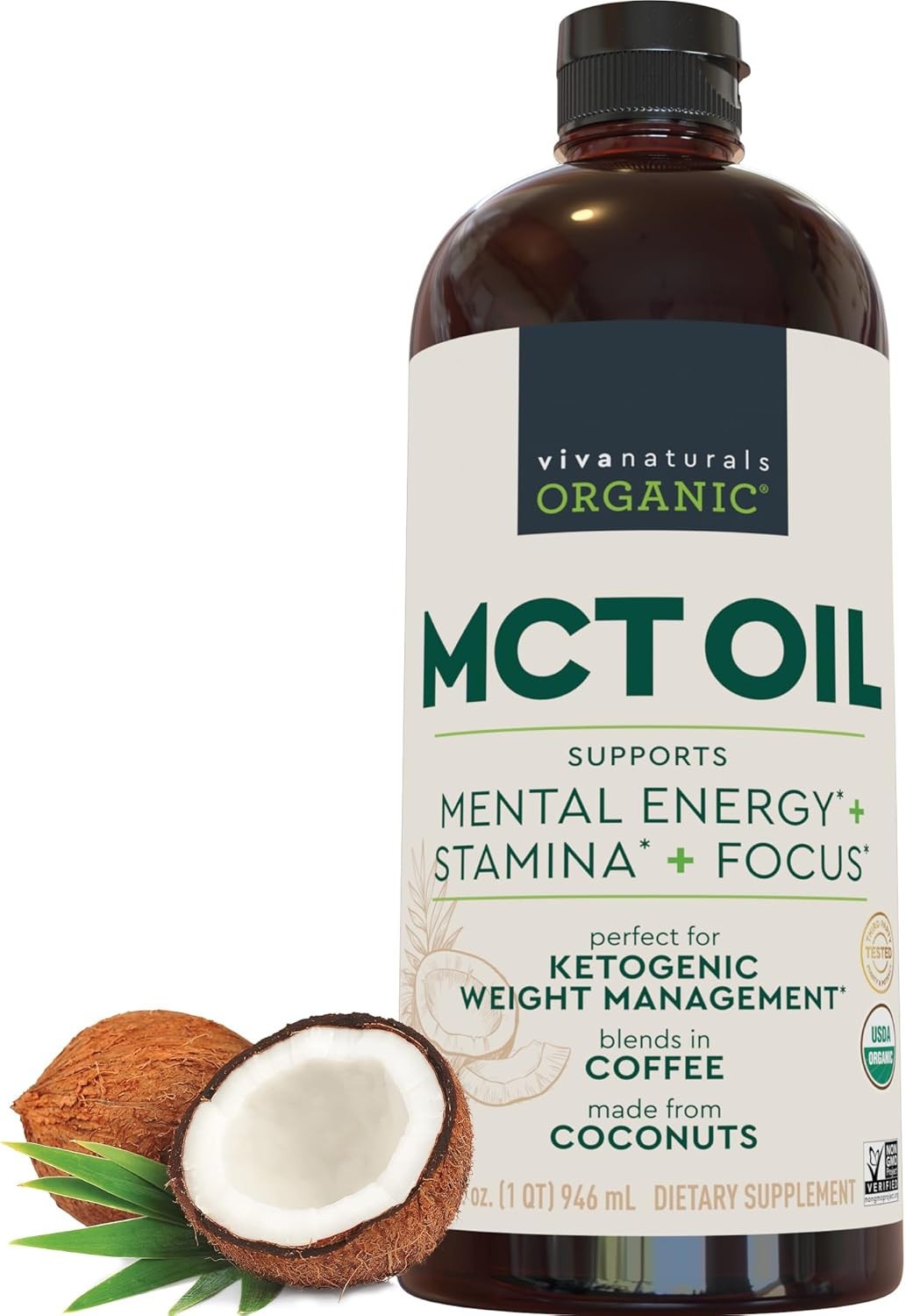 Viva Naturals Organic MCT Oil, 32 fl oz – MCT Oil for Coffee, USDA Organic