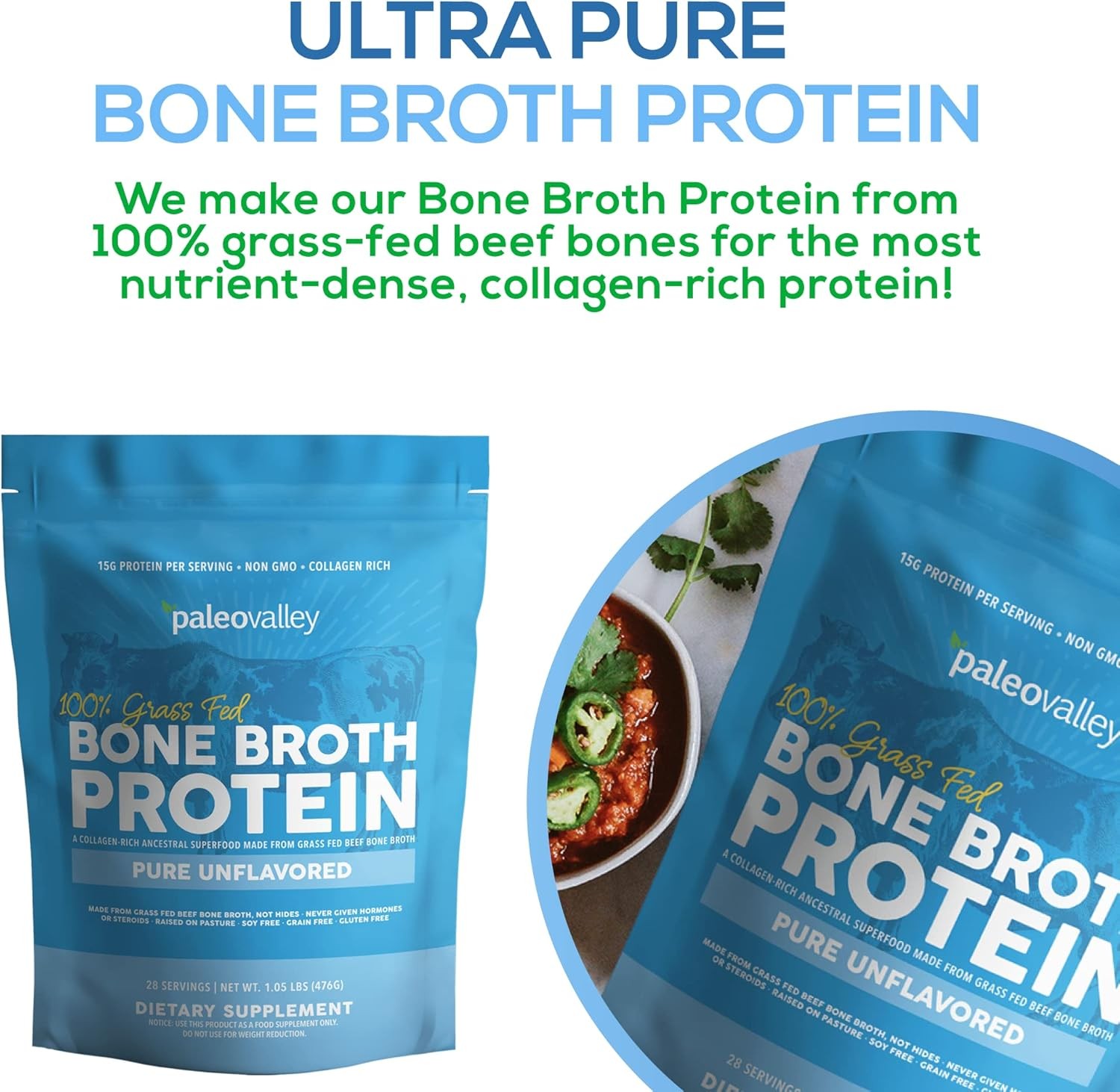Paleovalley 100% Grass Fed Beef Bone Broth Protein Powder – Rich in Collagen Pep