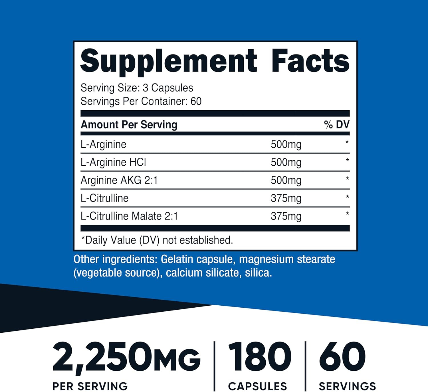 Nitric Oxide Booster 2250mg 180 Capsules 750mg per Serving 60 Servings