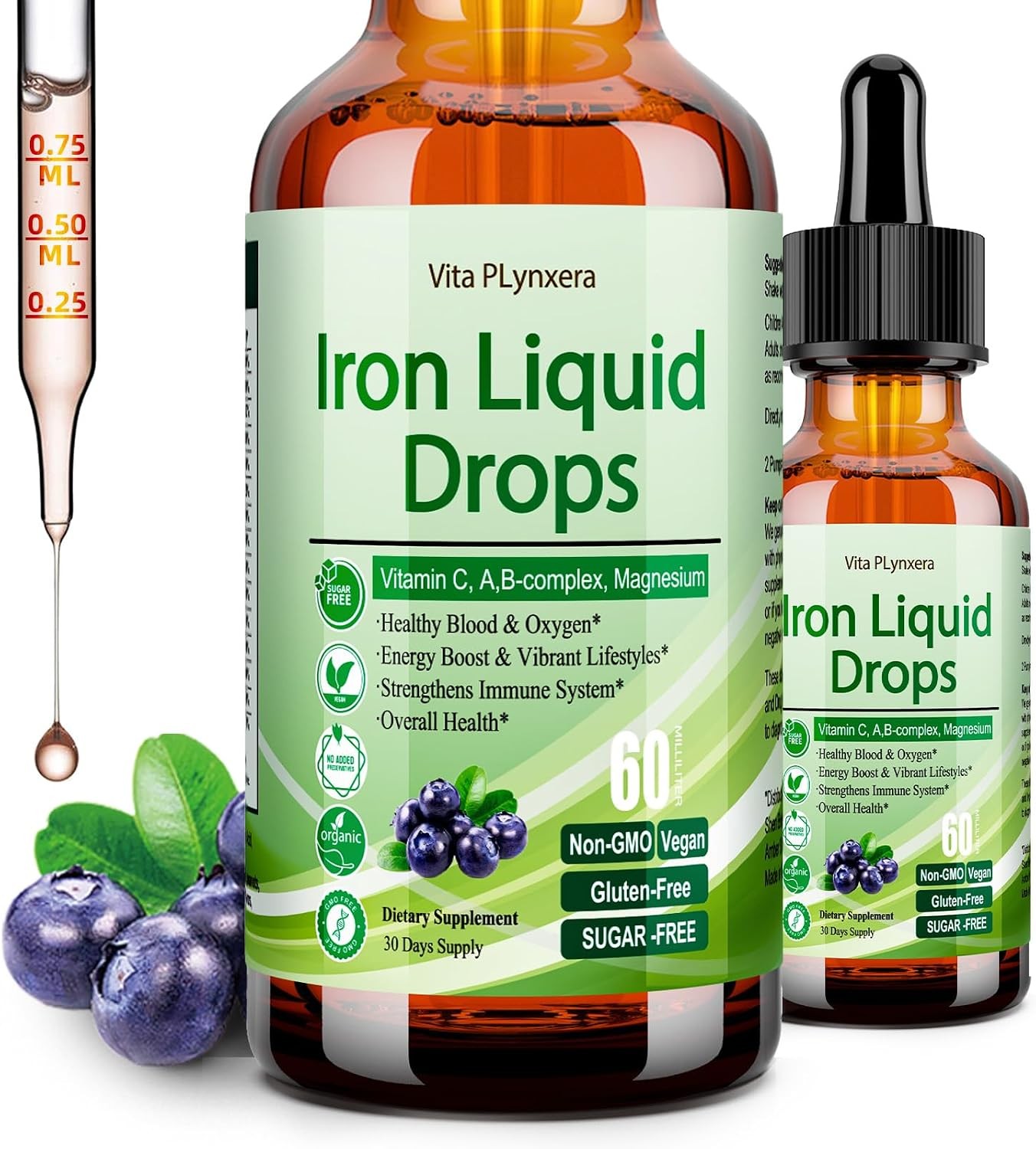 Liquid Iron Supplement for Women Men & Kids, Vegan Iron Drops with Vitamin C D,