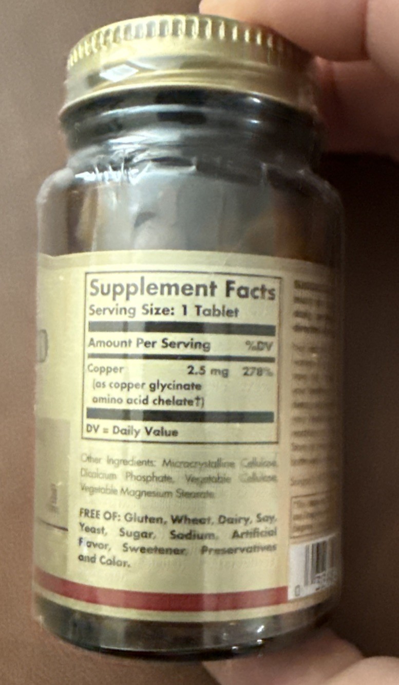 Solgar Chelated Copper 100 Tablets Exp 3/28