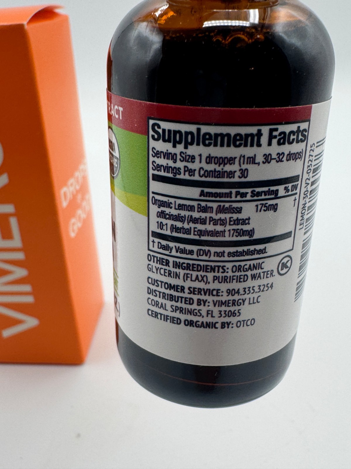 Vimergy Organic Lemon Balm 30ml 1oz Liquid Extract Dietary Supplement EXP:8/27