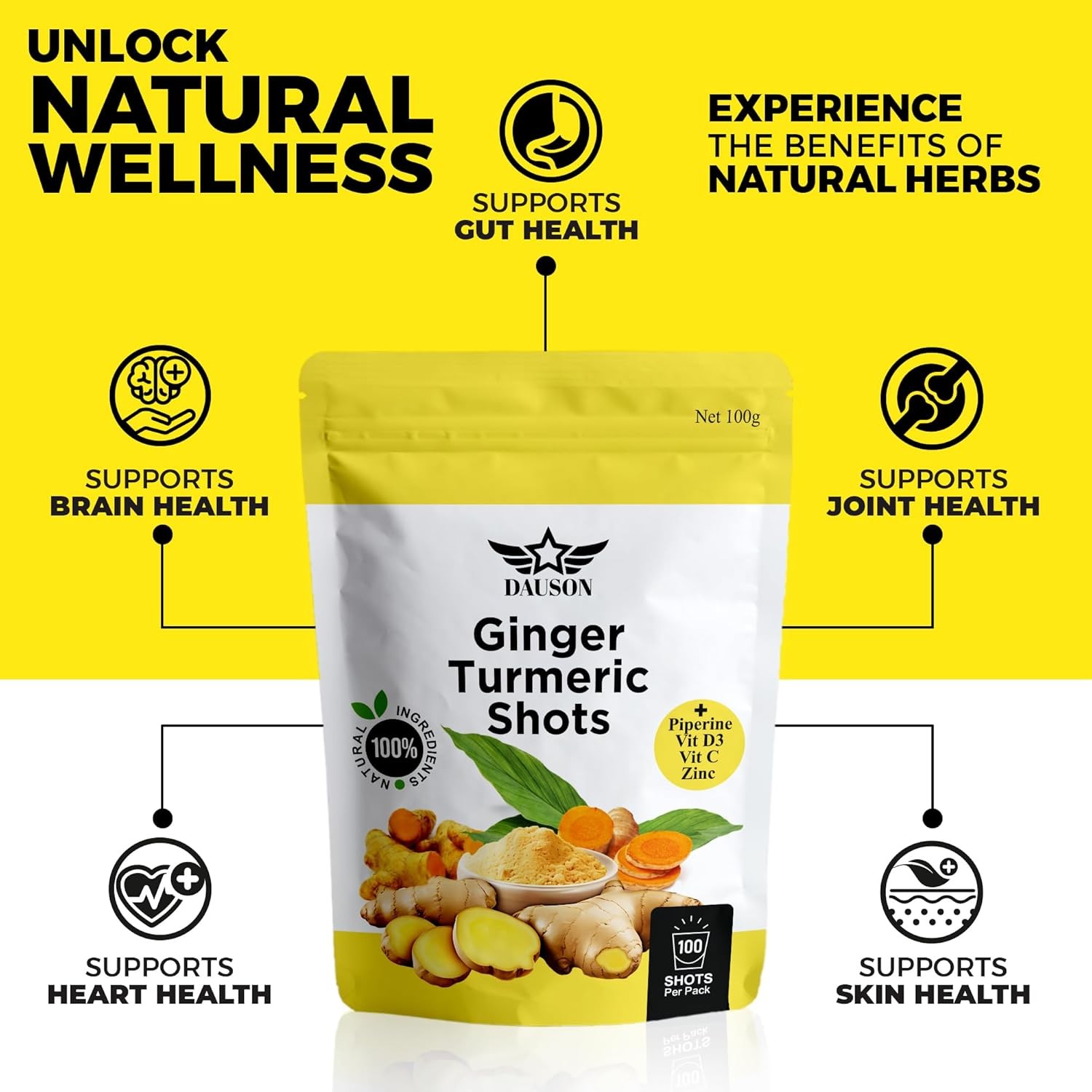 Ginger Turmeric Supplements with Piperine, Orange, Vitamin C, Vitamin D3 & Zinc