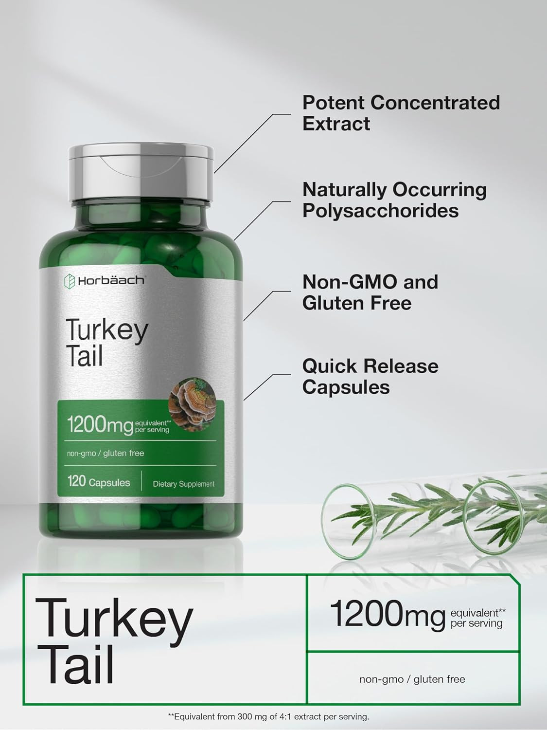 Turkey Tail Mushroom Capsules 1200mg, 120 Count, Non-Gmo Gluten Free by Horbaach