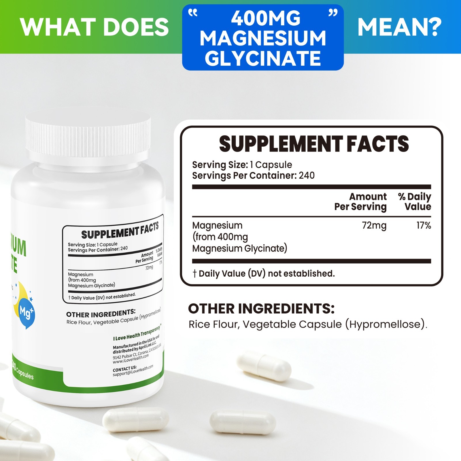 400mg Magnesium Glycinate to Promote Calm & Relaxation, Vegan Gluten Free, 240ct