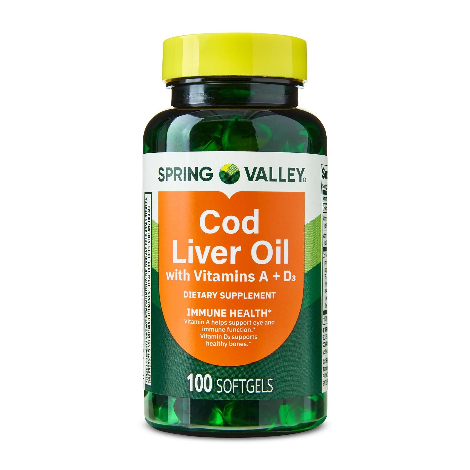 Spring Valley Cod Liver Oil Vitamins A & D3 Bone Skin Health Vision 100 Softgels