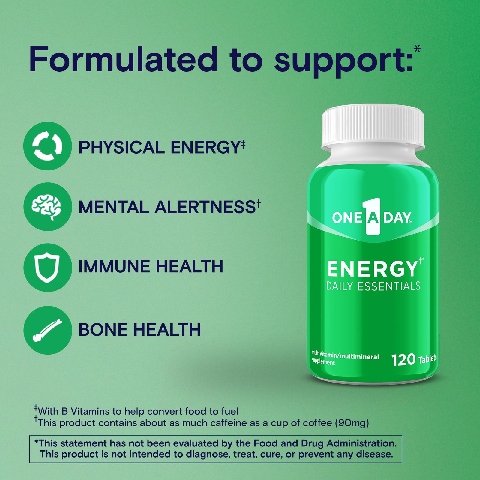 One A Day Energy Daily Essentials Multivitamin, 120 Count (Pack of 1), Green