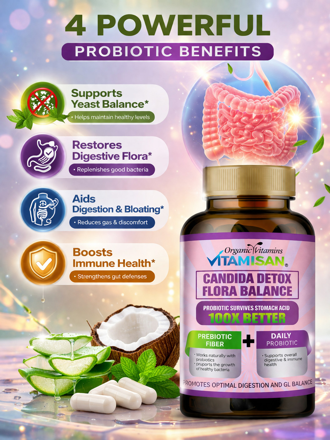 Candida Cleanse 100 Capsules Support Gut Colon Support Natural Herbs Intestinal