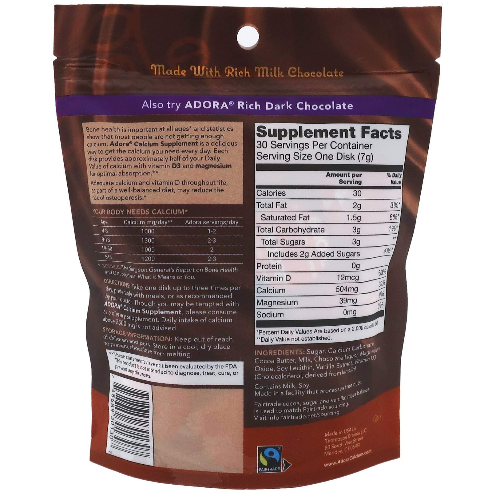 2x Adora Calcium Supplement, Fairtrade Milk Chocolate, Single Pack – 30 ct