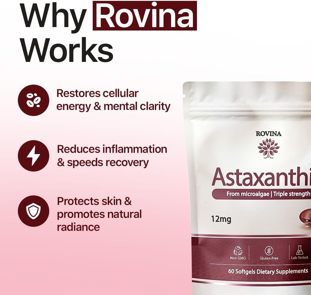 ROVINA Astaxanthin 12mg Softgels from Microalgae – Triple Strength Antioxidant S
