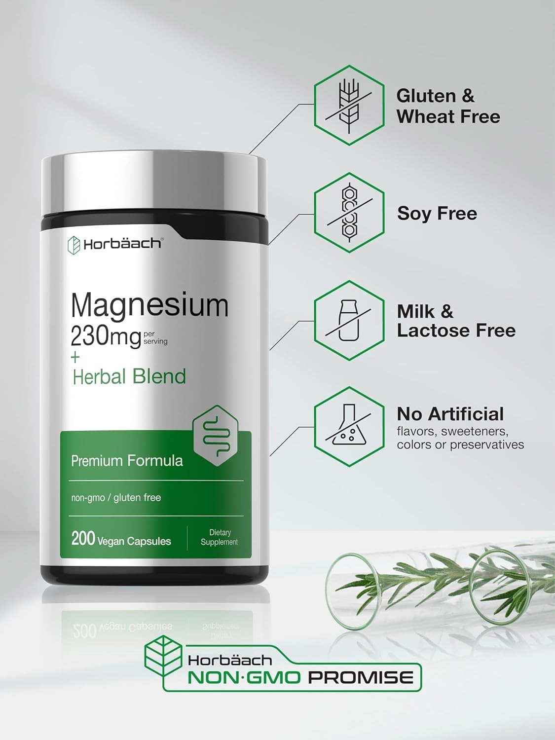 Horbaach Magnesium 230mg | Plus Herbal Blend | 200 Vegan Capsules | Gentle Clean