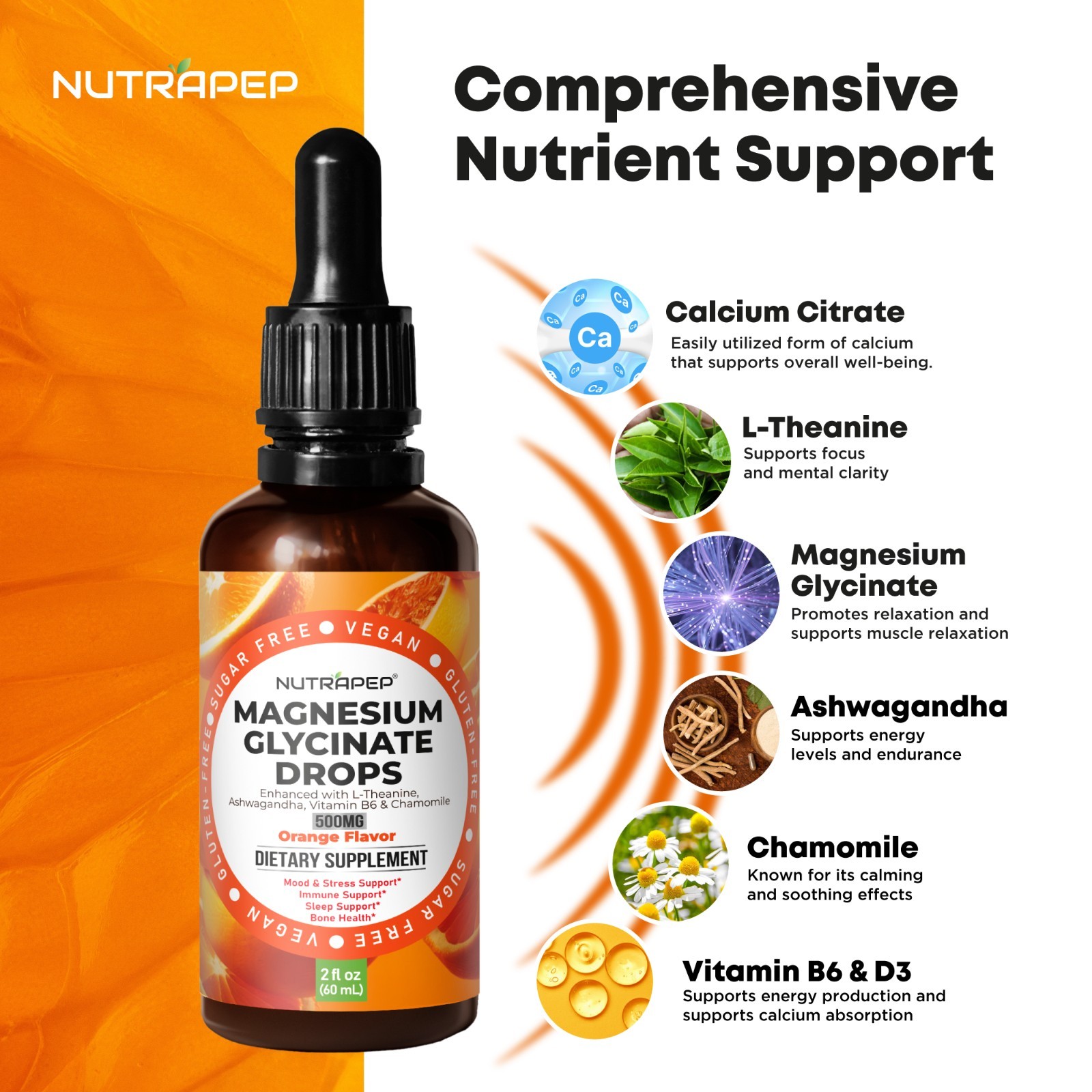 NutraPep Liquid Magnesium Glycinate Drops Supplement – 500mg Cortisol Complex