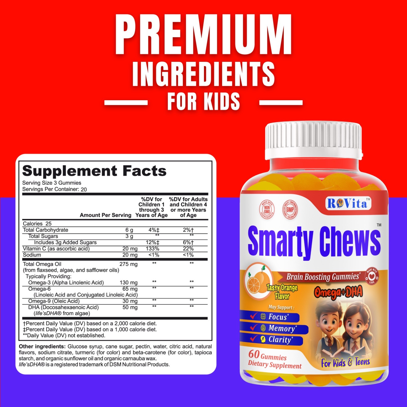 Brain Booster Memory Supplement Focus Gummies for Kids & Teens, Omega 3 & DHA 60