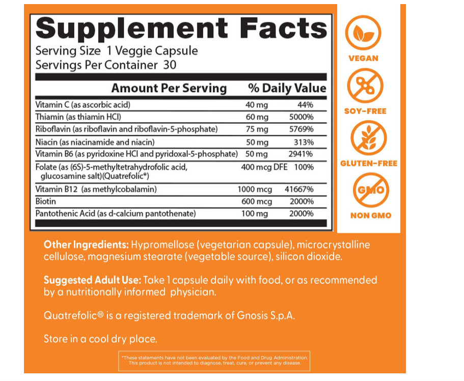 Fully Active Vitamin B Complex Methyl B12 Quatrefolic Folate Energy 30 Veg Caps