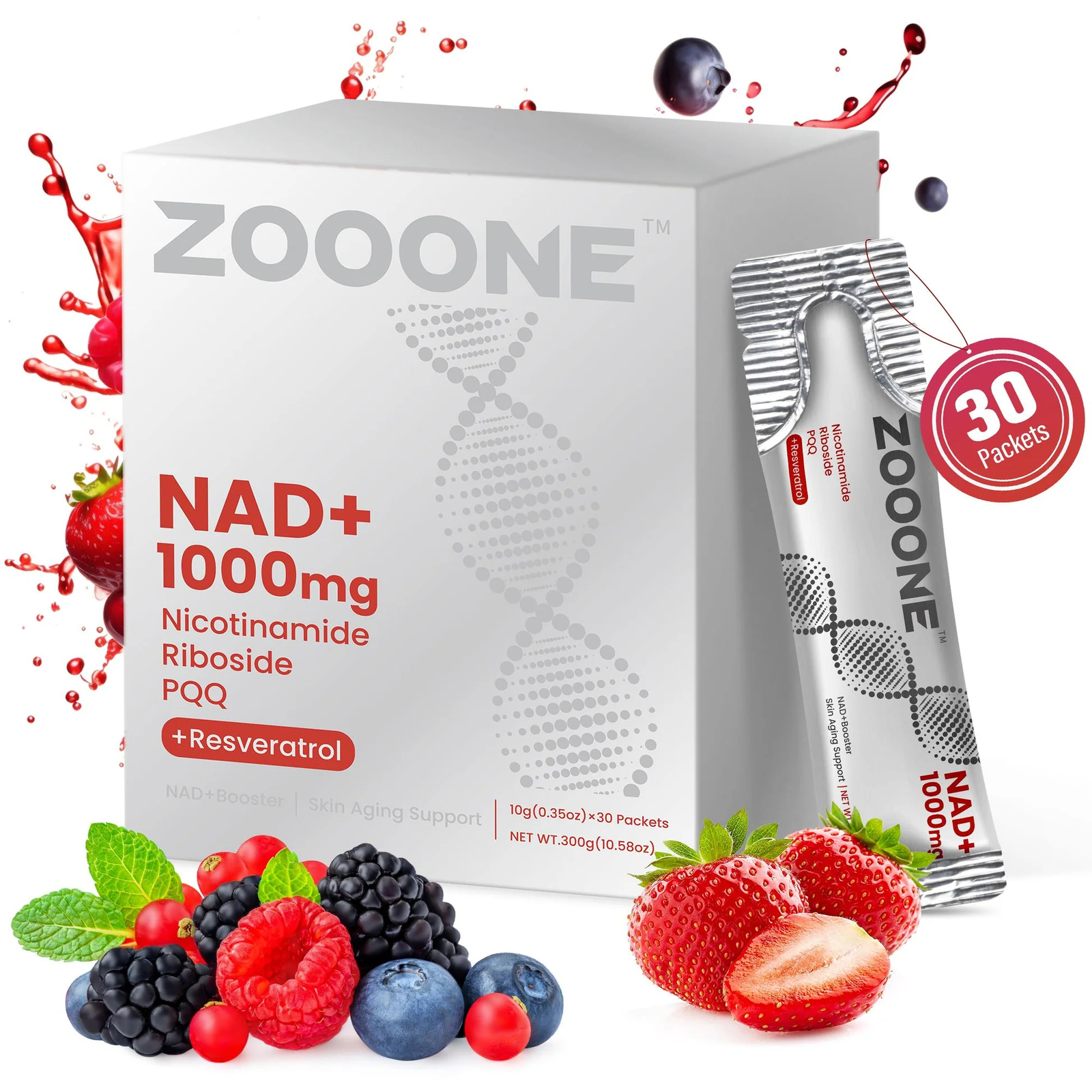 ZOOONE NR1000 NAD+ Berry Flavor Drink Mix – Support Eye Health, 30 Packets