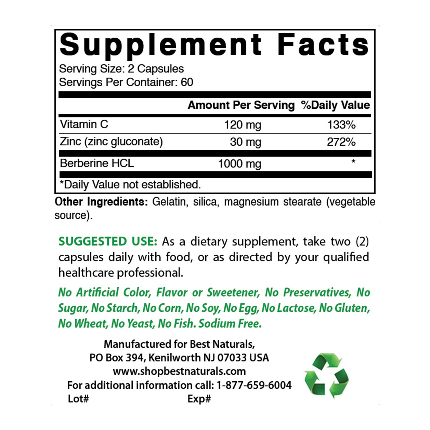 Best Naturals Berberine Plus 1000 mg/Serving 120 Capsules – (non-gmo)