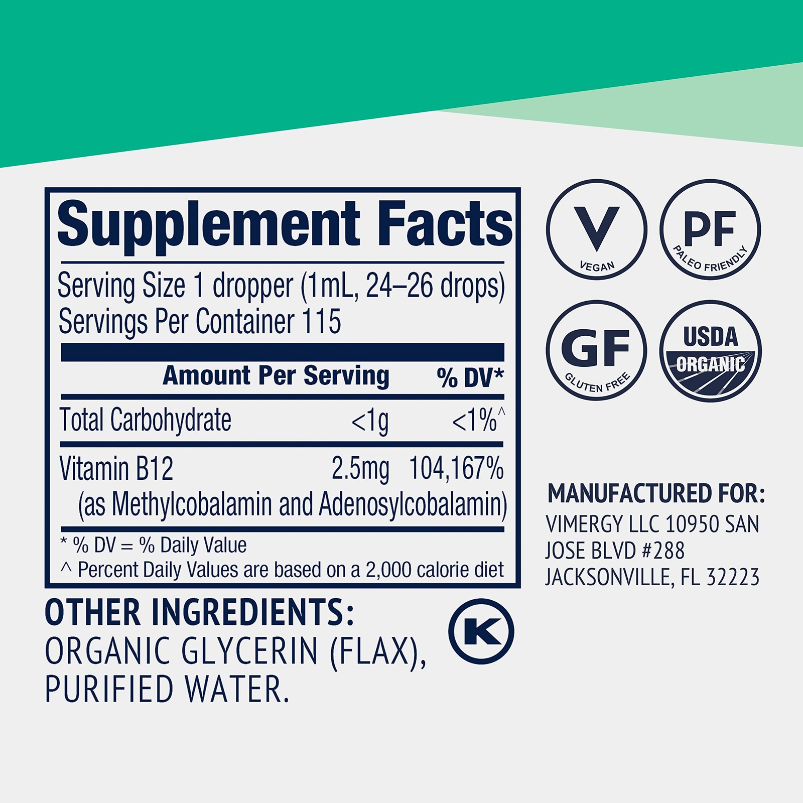 VIMERGY Organic Liquid Vitamin B12 Supplement 2500 mcg, Methylcobalamin Aden…