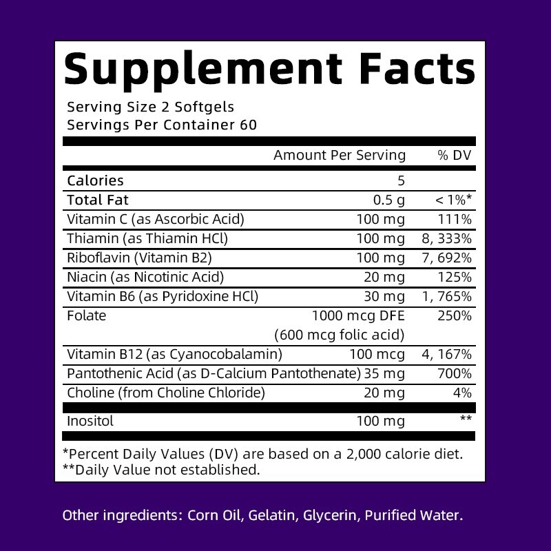 Vitamin B Complex 120 Capsules B1,B2,B3,B5,B6,B7,B9,B12, Immune Support Pills