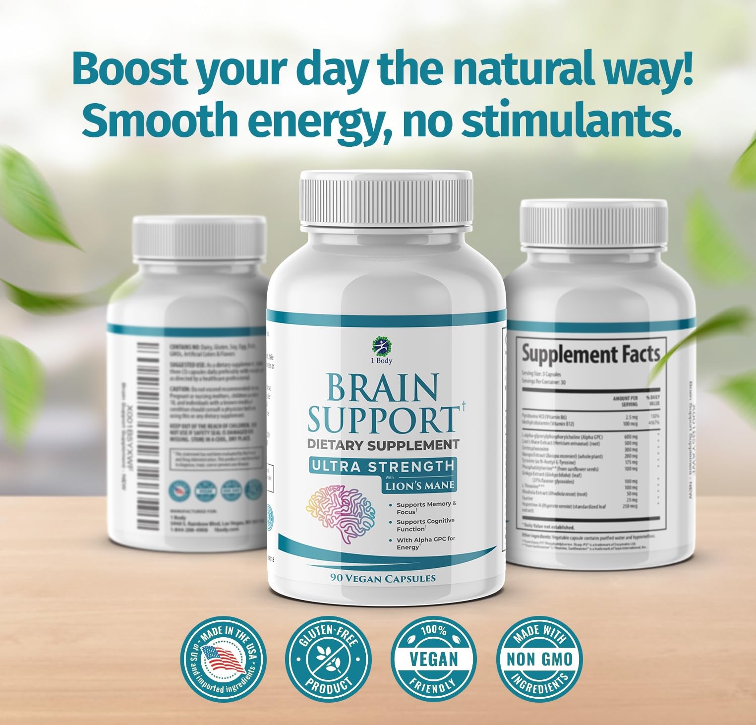 1 Body Brain Supplement – Nootropic Brain Booster with Alpha GPC, Ginkgo &