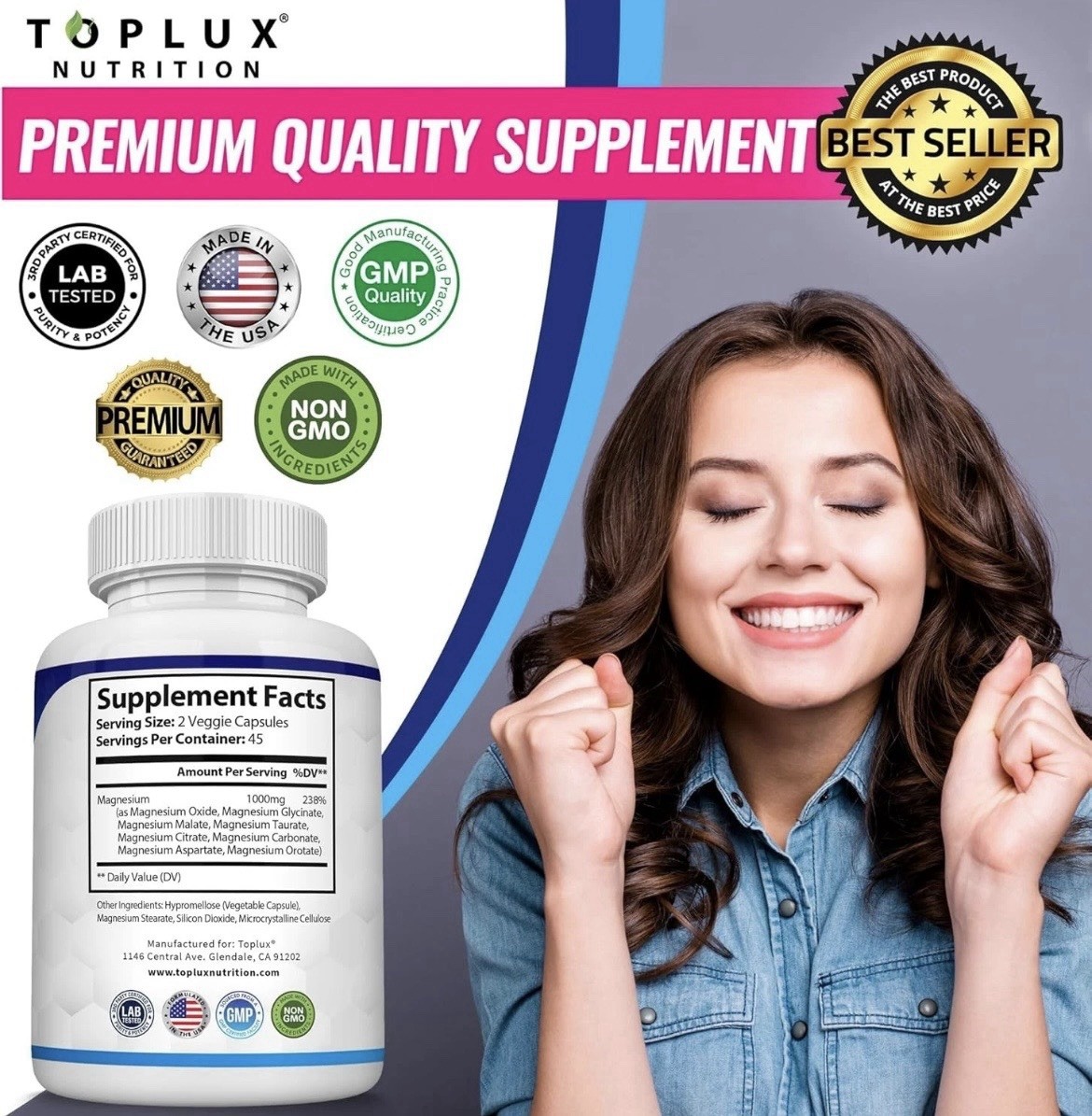 TopLux Magnesium Complex 1000mg, 8 Types for Sleep Aid Muscle Cramps Digestion