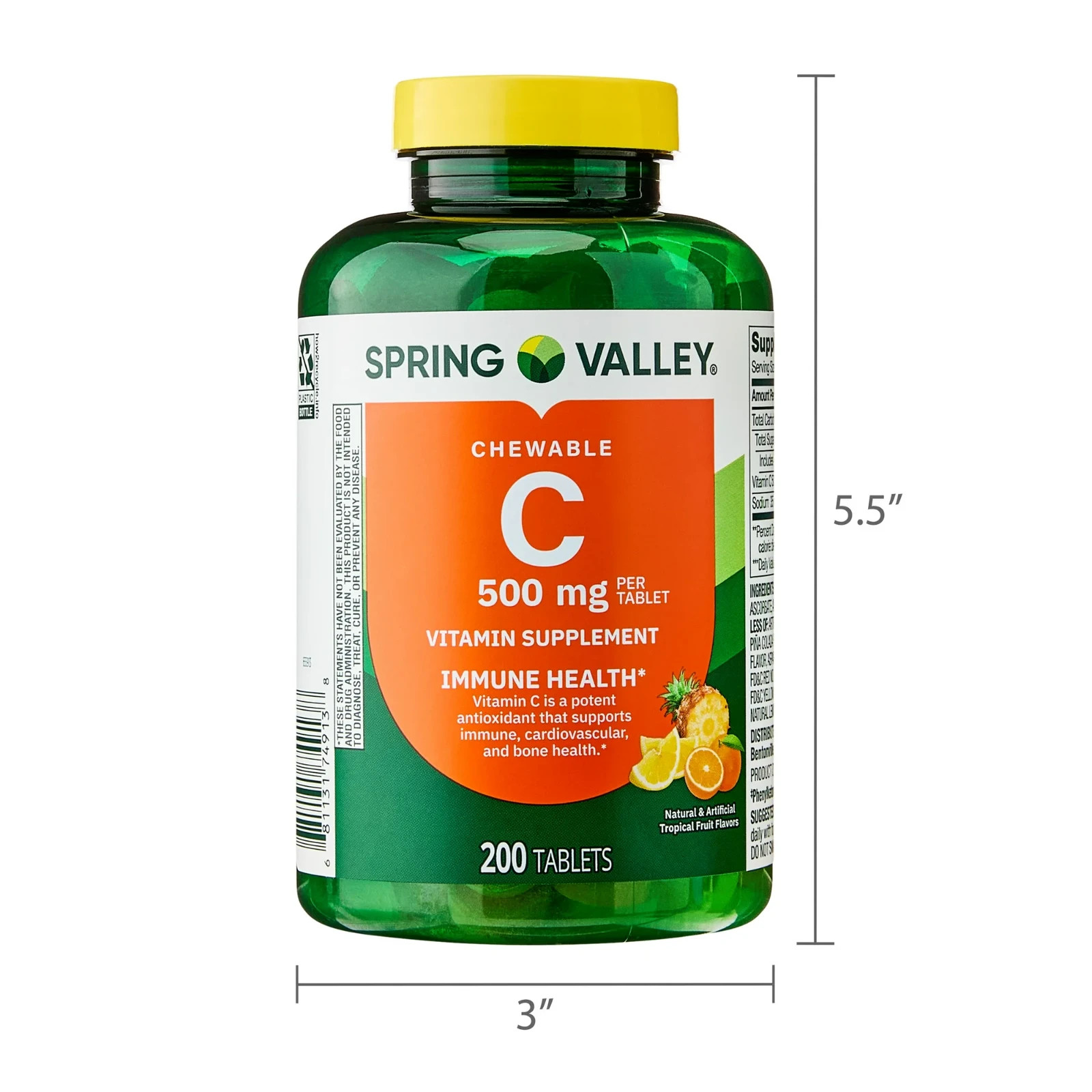 Spring Valley Vitamin C Chewable Tablets Dietary Supplement, 500 mg, 200 Count