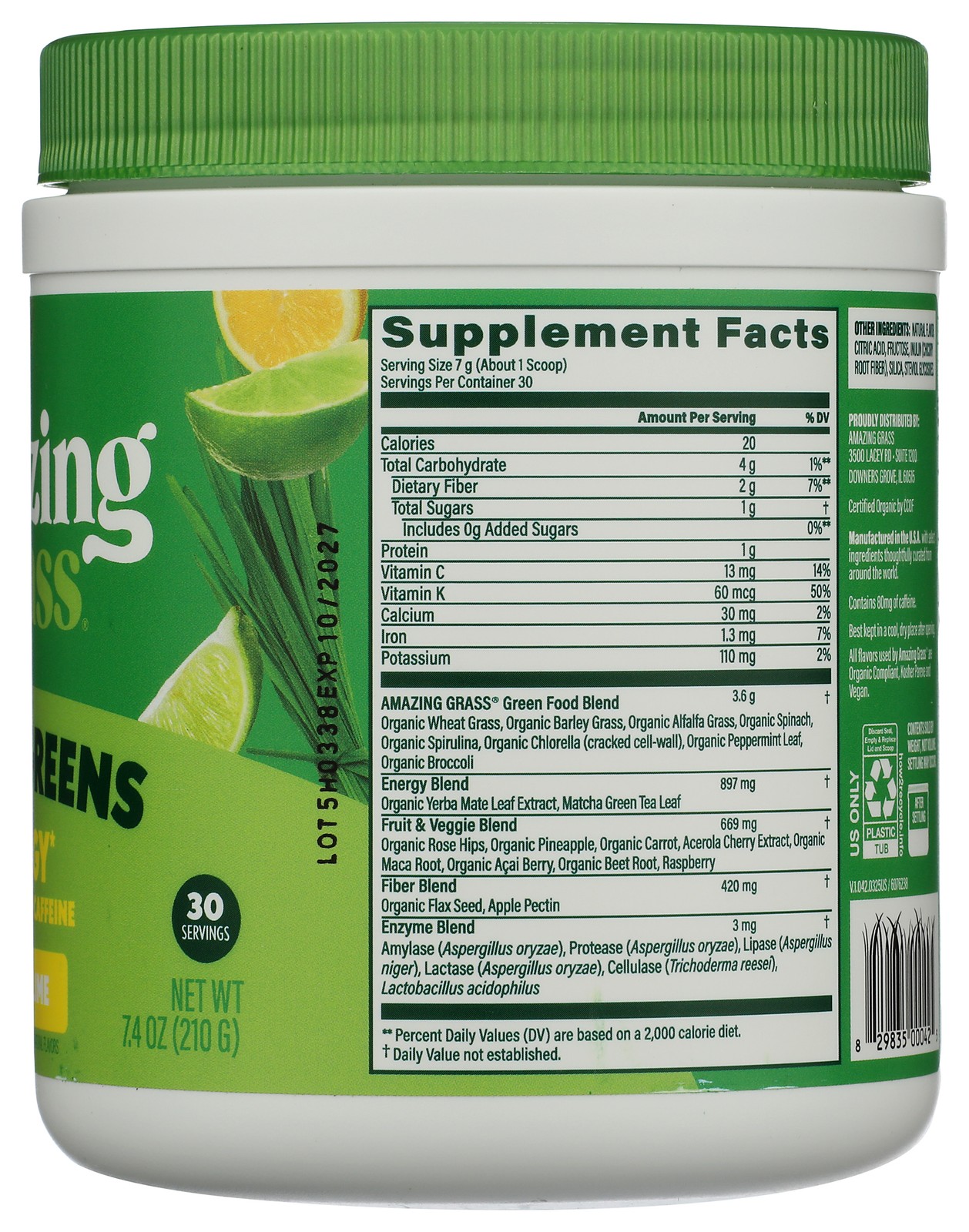 Amazing Grass Lemon Lime Super Greens Energy Powder 7.4 Oz Dietary Tea 1 Pack