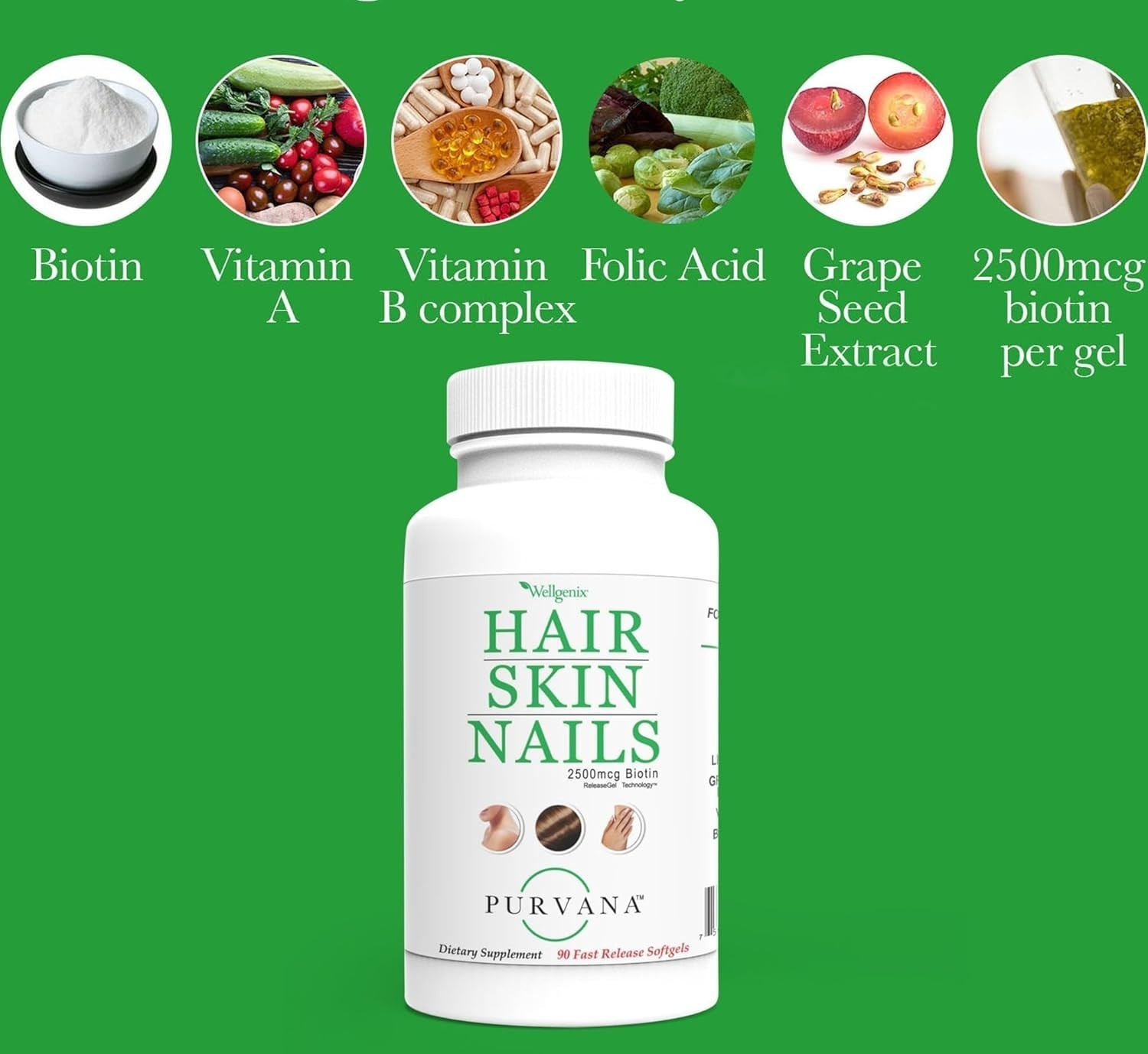 Purvana Hair, Skin, and Nails – One a Day Softgel – 2500mcg Biotin, DMAE, MSM…