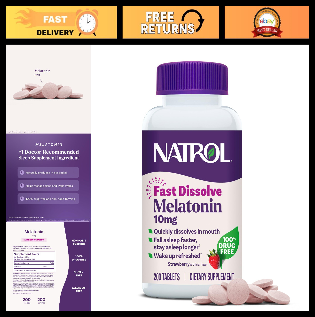Melatonin 10mg Fast Dissolve Tablets – Strawberry Flavor, 200 Count | Sleep Aid,