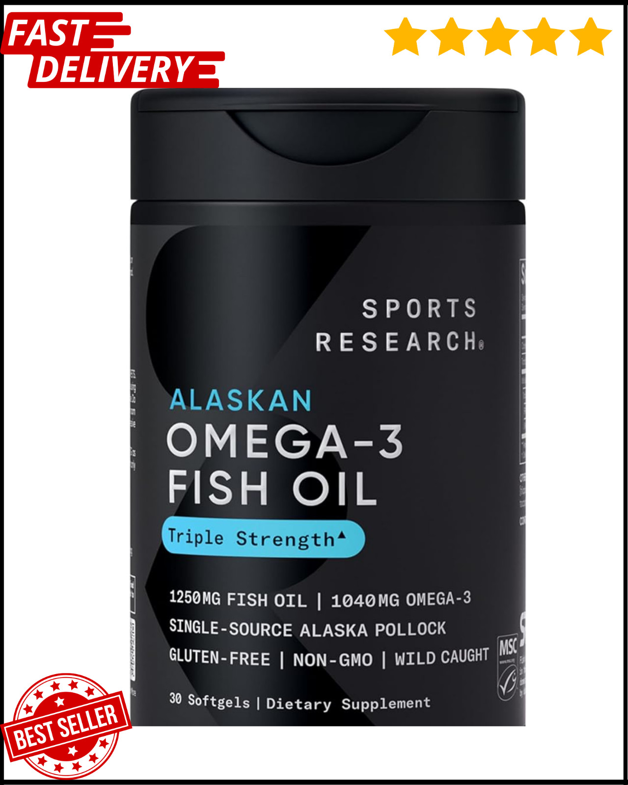 Triple Strength Omega 3 Fish Oil Burpless Supplement EPA DHA Fatty Acids 90 ct