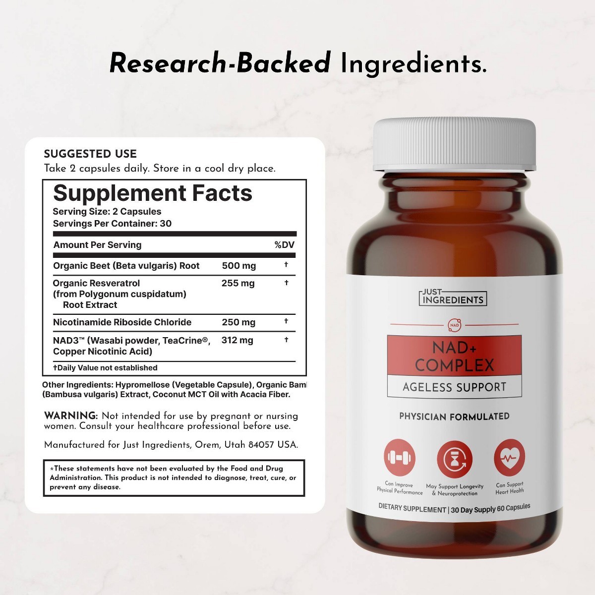 Just Ingredients NAD+ Complex Supplement Capsules – 60ct – 30 Servings