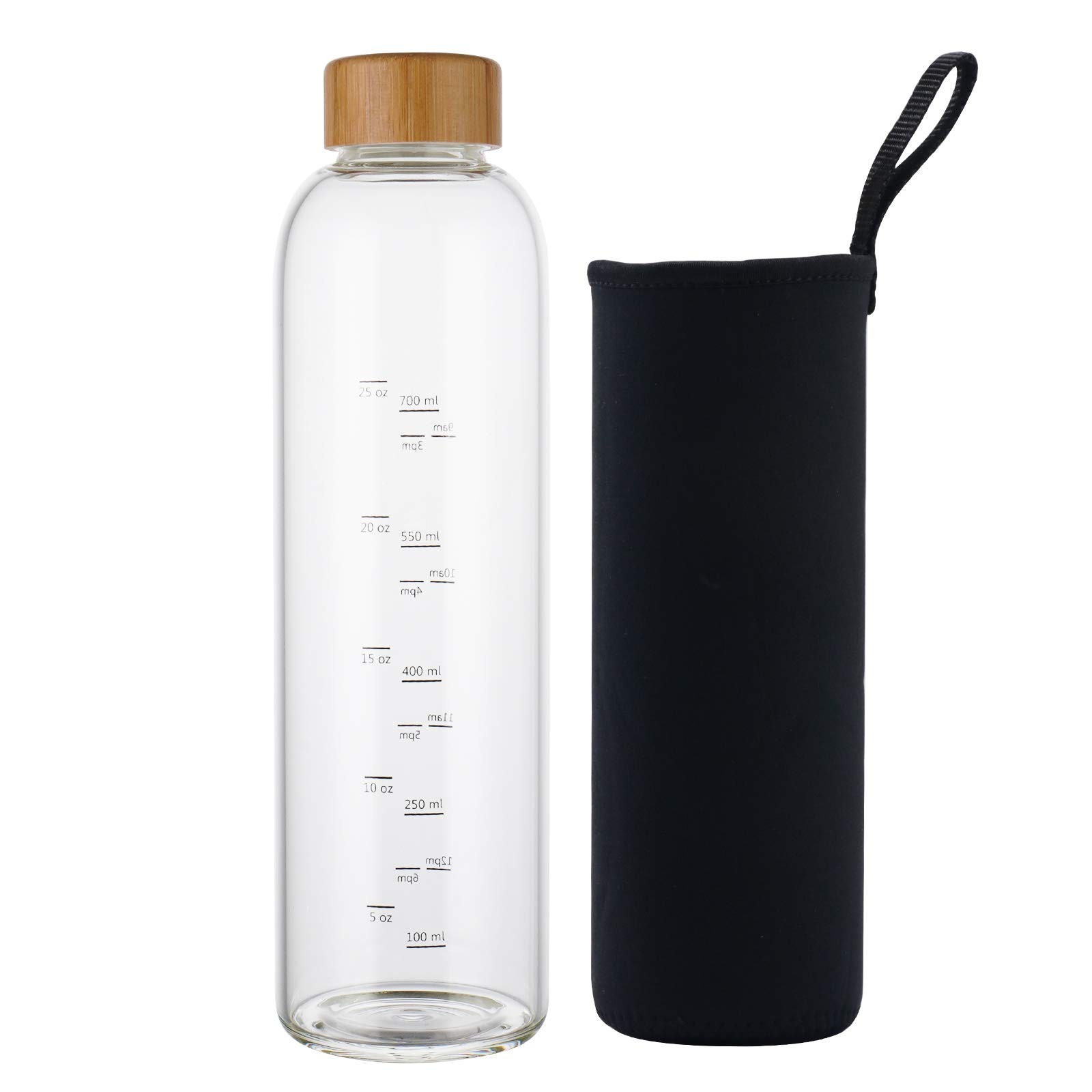 sunkey 32 oz Glass Water Bottle with Time Marker Bamboo Lid 32 Ounces, Black