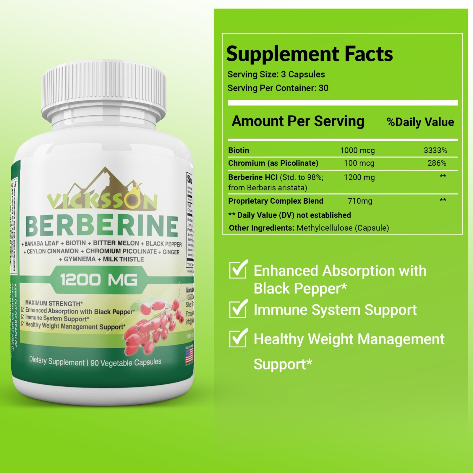 Vicksson Berberine Complex 1200mg Immune System, Weight Management 90Ct