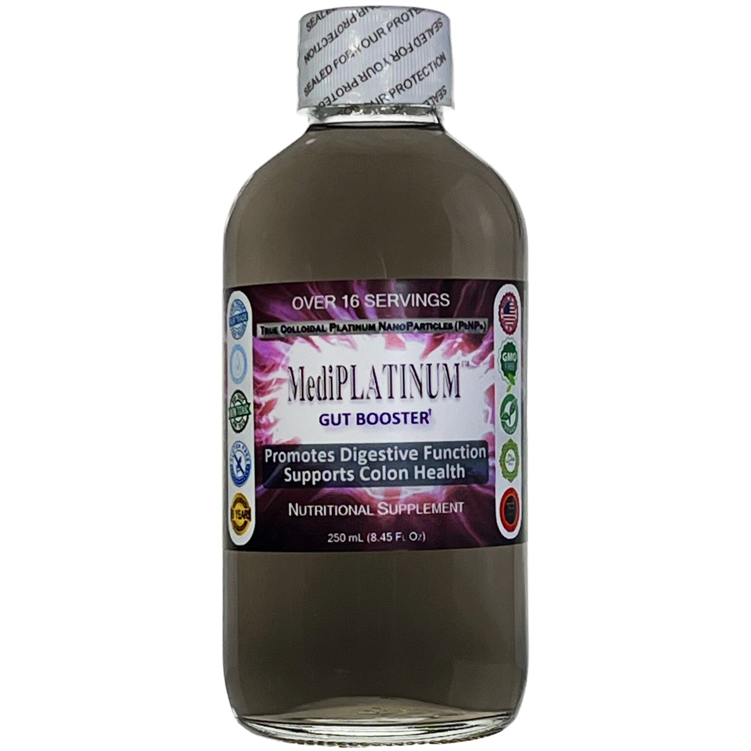 MediPLATINUM™ Gut Booster True Colloidal Platinum PtNP Nutrient: 250 mL in Glass