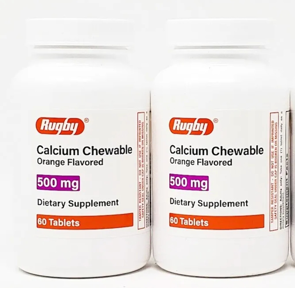 2 X RUGBY Calcium Dietary Supplement Chewable Tablets Orange Flavor 500 mg 60ct
