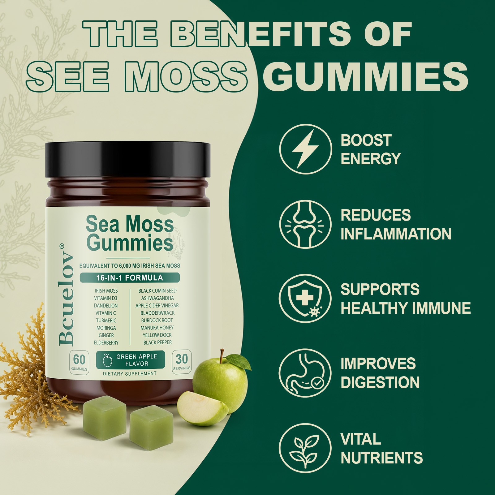 16-in-1 Irish Sea Moss Gummies 60ct 6000mg Green Apple Vitamin D C Ashwagandha