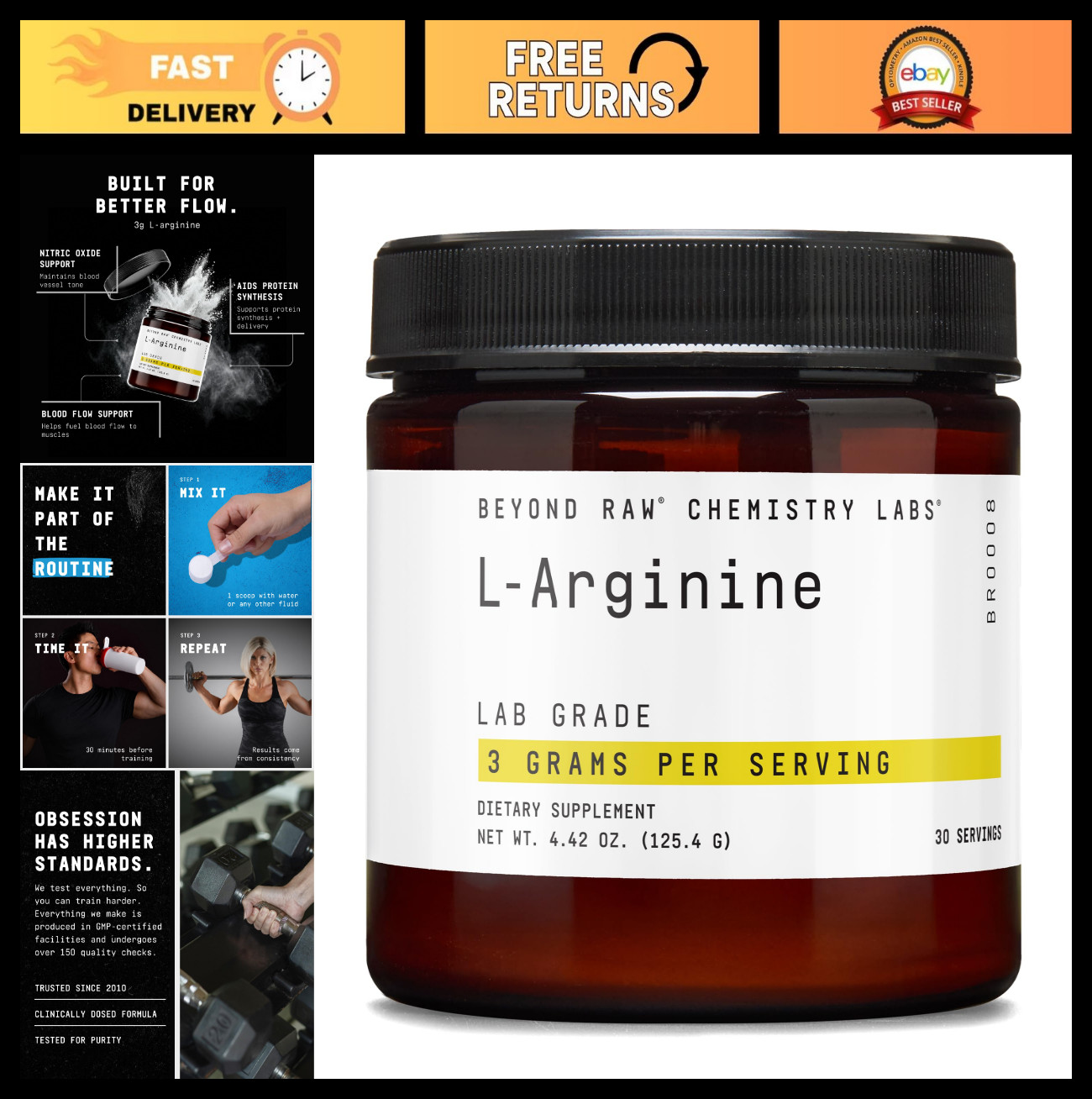 L-Arginine Powder for Exercise & Recovery, 30 Servings – Boost Performance & End