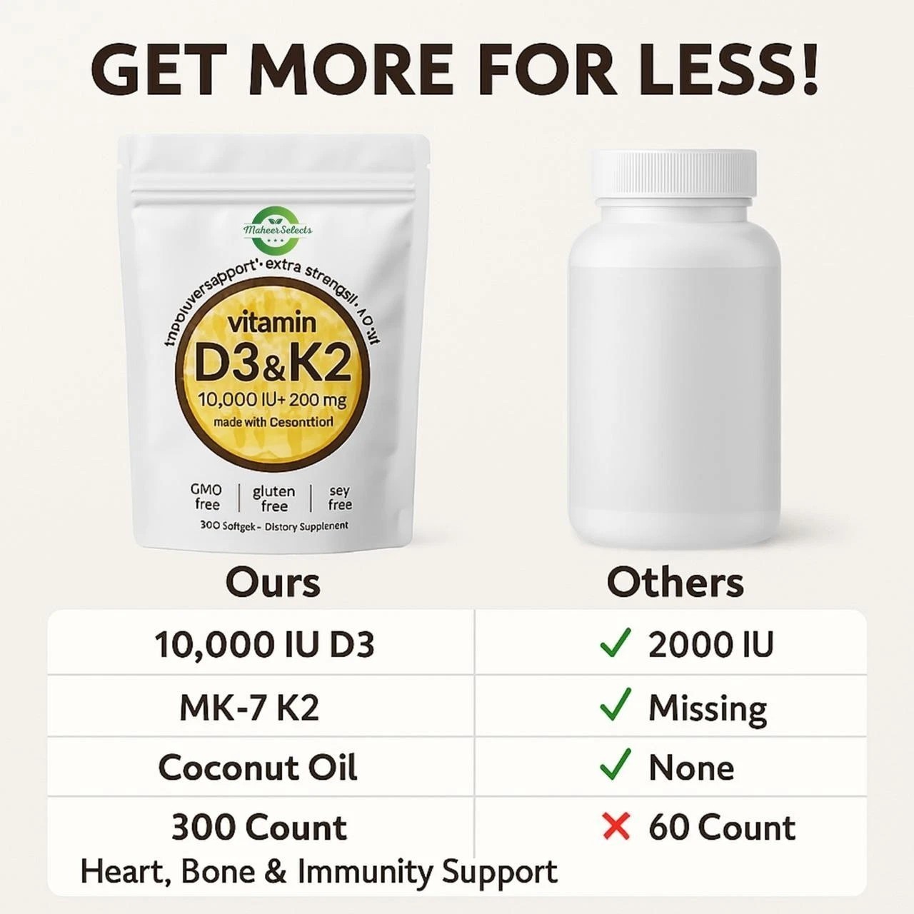 Vitamin D3 K2 Softgel 300 Capsules Extra Strength D3 K2 Supplements USA