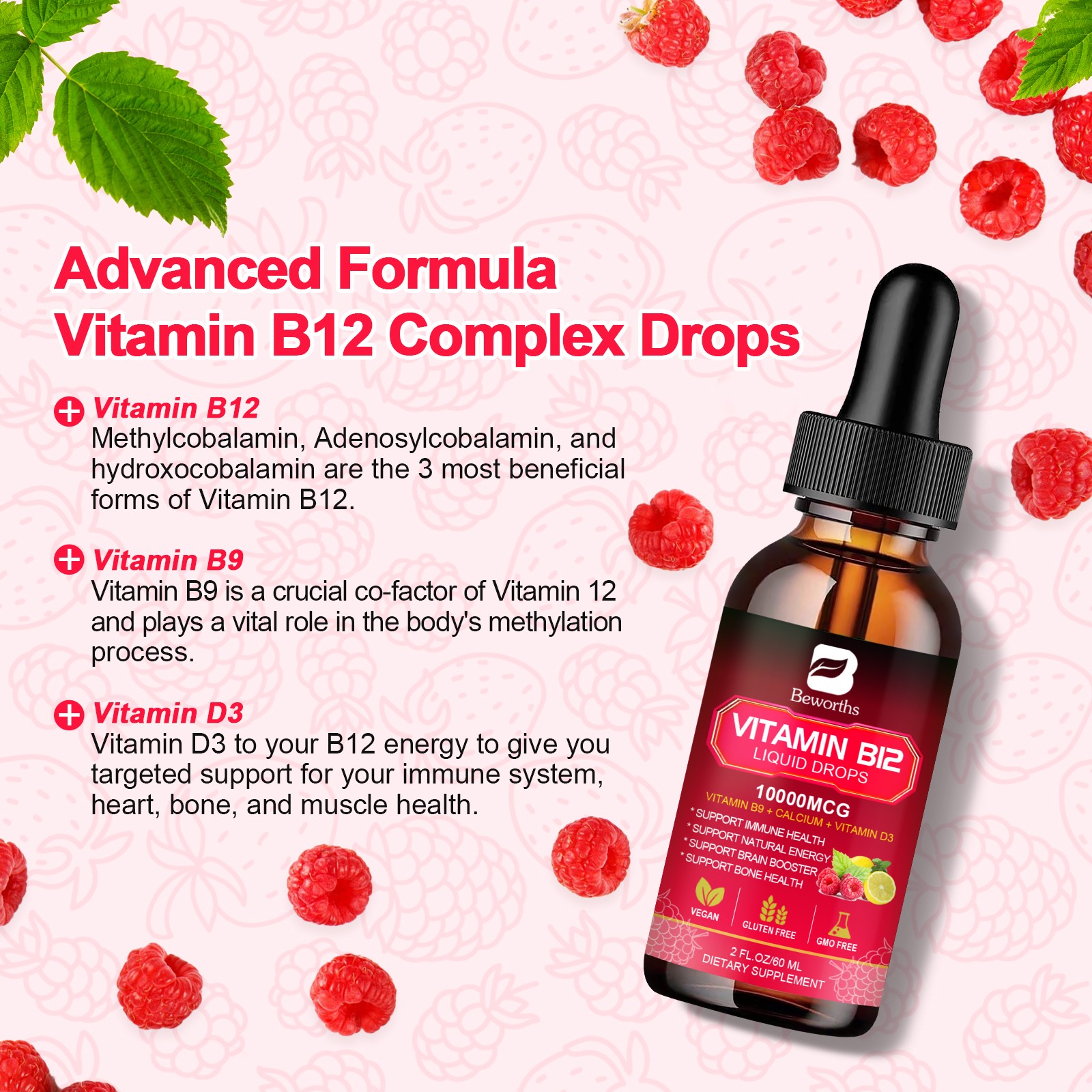 Vitamin B12, 10000 mcg, 3-in-1 Organic Liquid Vitamin B12, 60-Day Supply (60ml)